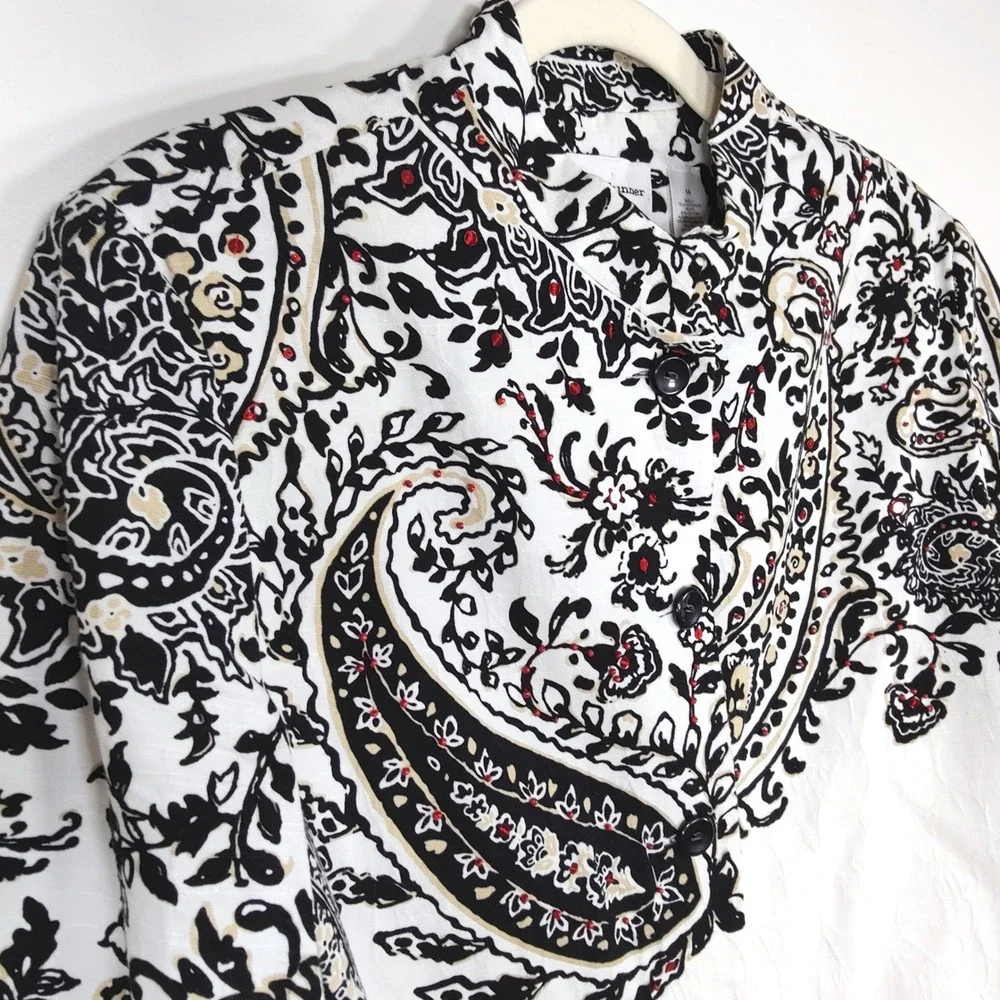 Alfred Dunner Paisley Embellished Jacket Size 14 Cotton Blend Artsy Boho White